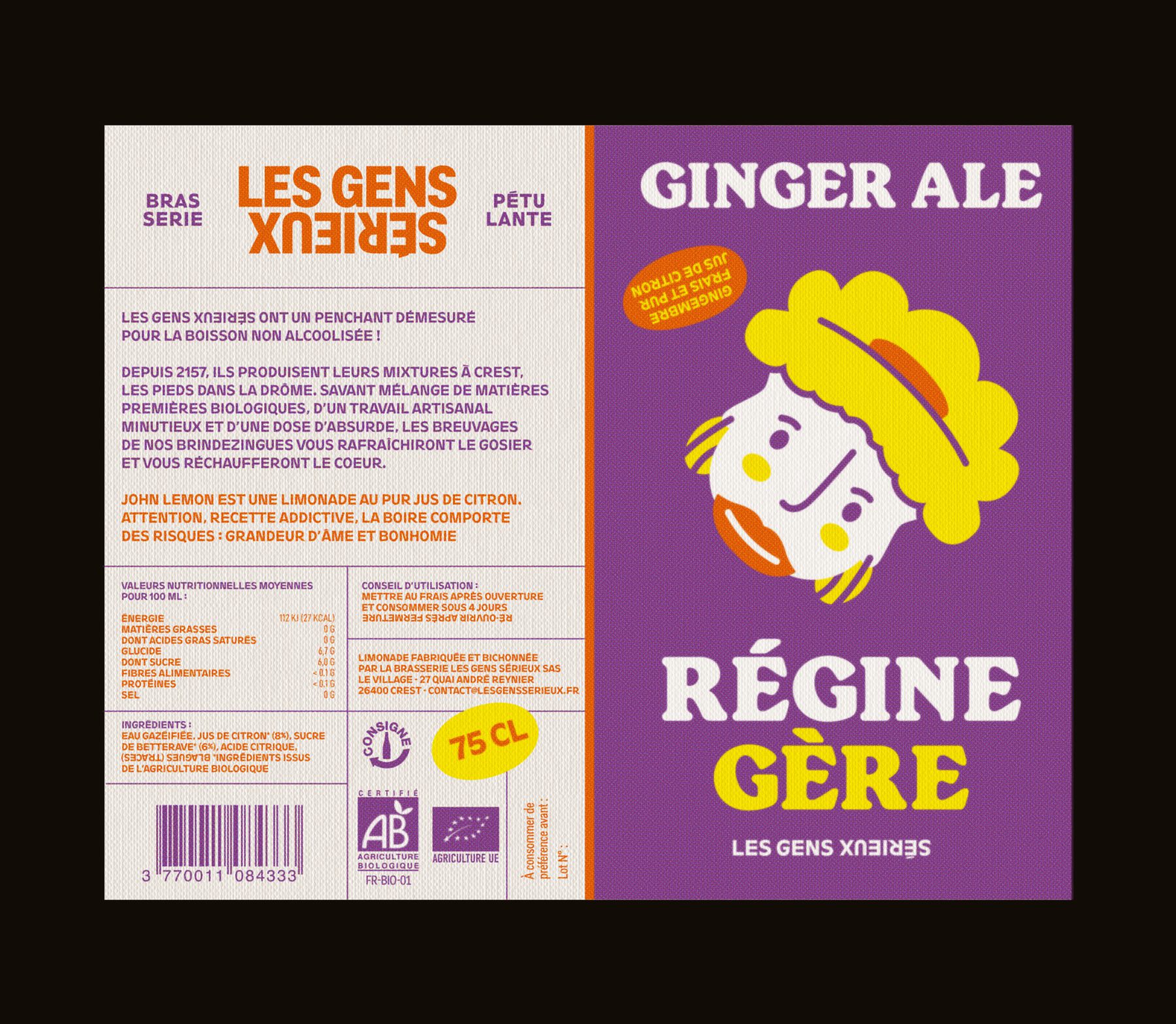 Étiquette de limonade au gingembre. L'illustration est un visage qui se retourne pour afficher un autre visage.